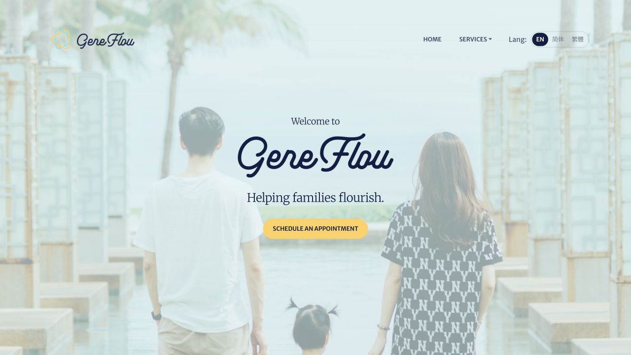 GeneFlou’s public homepage with the message Helping families flourish