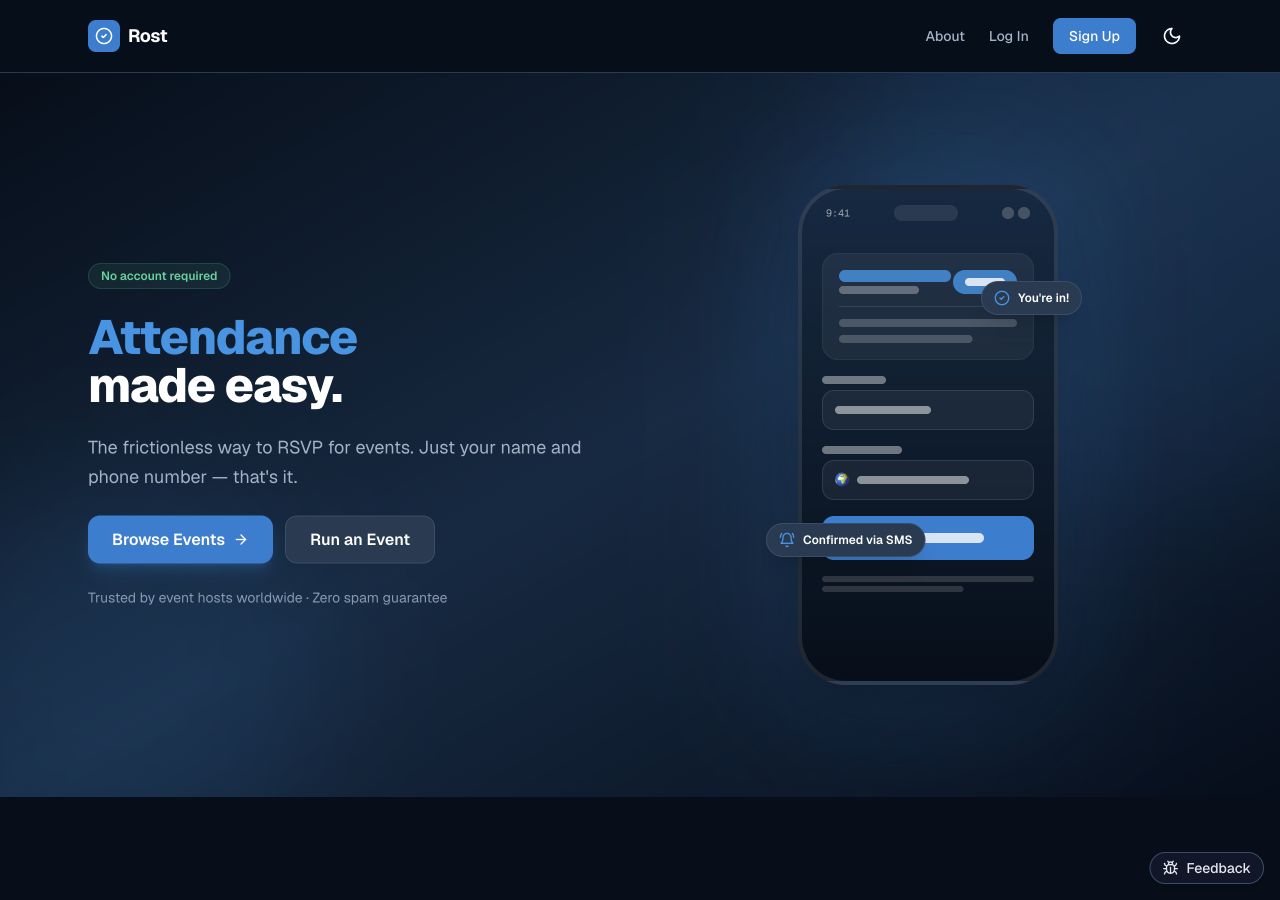 Rost’s public homepage, featuring its event sign-up experience